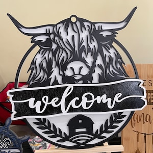 Highland Cow welcome front door sign
