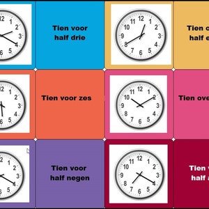 Op de afbeelding: Een raster met negen afbeeldingen die analoge klokken met verschillende tijden laten zien. Elke klok is gelabeld met een Nederlandse zin die de tijd aangeeft, zoals "Tien voor half drie" (Tien voor half drie).
