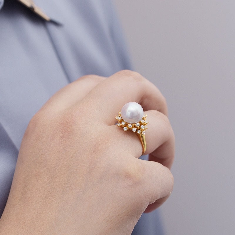 Statement Pearl Ring 925 Silver Bridal Pearl Ring Inlaid Etsy