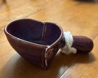 Handmade Studio Pottery Ceramic Scoop Purple Glaze Rope Handle Artisan Decor