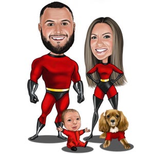 Caricatura de família de super-heróis personalizada, retrato de desenho animado de família de super-heróis, família engraçada com animais de estimação, caricatura, presente para família