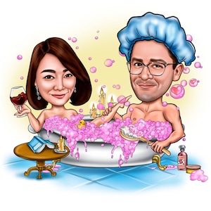 Liebe Karikatur Zeichnung von Paar - Valentinstag Geschenk von Ihrem Foto gezeichnet - Paar in der Badewanne mit Romantischen Seifenblasen - Lustiges Geschenk