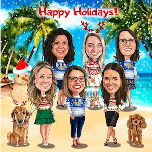 Christmas Caricature with Tropical Scene, Cartoon Xmas Card, Tropical Christmas Holiday Caricature Cards, Tropical Christmas Card Caricature