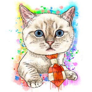 Retrato de gato Pintura de acuarela personalizada Retrato de caricatura de gato en acuarela Retrato de mascota de foto a pintura Retrato de caricatura de gato