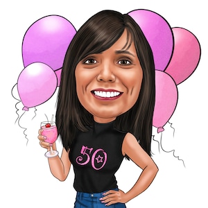 Caricatura de cumpleaños de foto Caricatura de feliz cumpleaños Mujer Regalo de cumpleaños para ella Regalo de cumpleaños dibujado a mano Caricatura de dama Aniversario