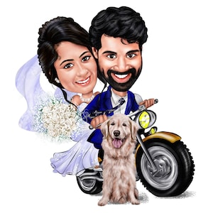 Personalized Wedding Cartoon Portrait, Wedding Caricature Art, Couple Caricature Portrait, Custom Wedding Couples, Couple on Motorcycle