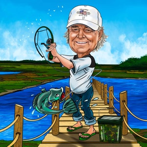 Fisherman Caricature, Fishing Lover Gift, Father&#39;s Day Gift Fishing, Fishing Caricature, Digital Artwork