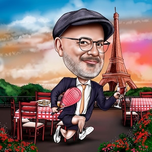 May include: Cartoon illustration of a man in a suit, holding a paddle and a glass of wine, with the Eiffel Tower in the background. The man is wearing glasses and a hat. Red and white checkered tablecloths and red flowers are also visible.