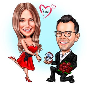 Caricatura de proposta de casamento, presente, casal, caricatura, cartão de proposta, casal, desenho animado, retrato, presente para casal, presente de noivado, caricatura