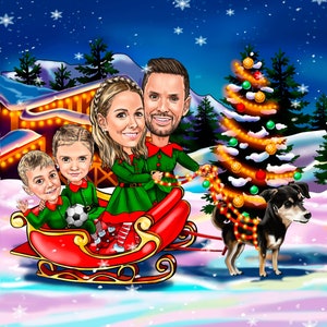 Best Christmas Caricature Gift Hand-Drawn from Photos Santa Sleigh Christmas Cartoon Gift Caricature Christmas Card