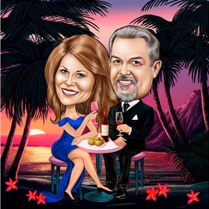 Caricatura de pareja Cena romántica Retrato de caricatura de pareja Regalo de San Valentín Compromiso de pareja Caricatura Regalo de aniversario Retrato