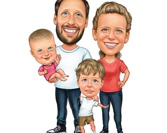 Custom Family Caricature from Photo | Pencil Drawing Portrait | Hand-Drawn Cartoon Art