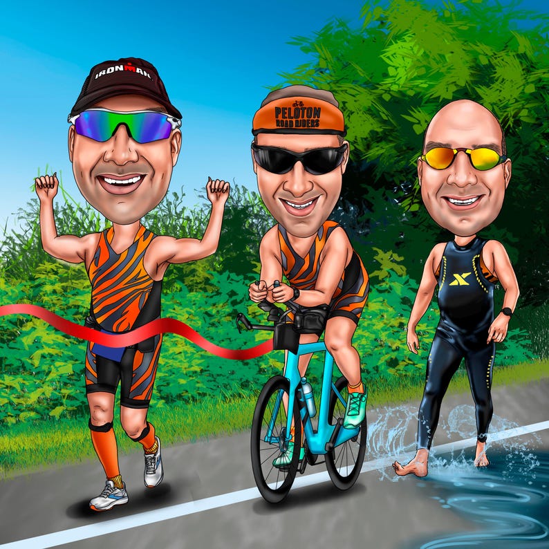 Triathon Cartoon Custom Sports Caricature, Personalized Team Portrait (digital Portrait ...