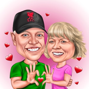 Karikatuur voor stel voor Valentijnsdagcadeau Paar maakt handhartkarikatuur van foto's Custom handgetekende grappig valentijnscadeau