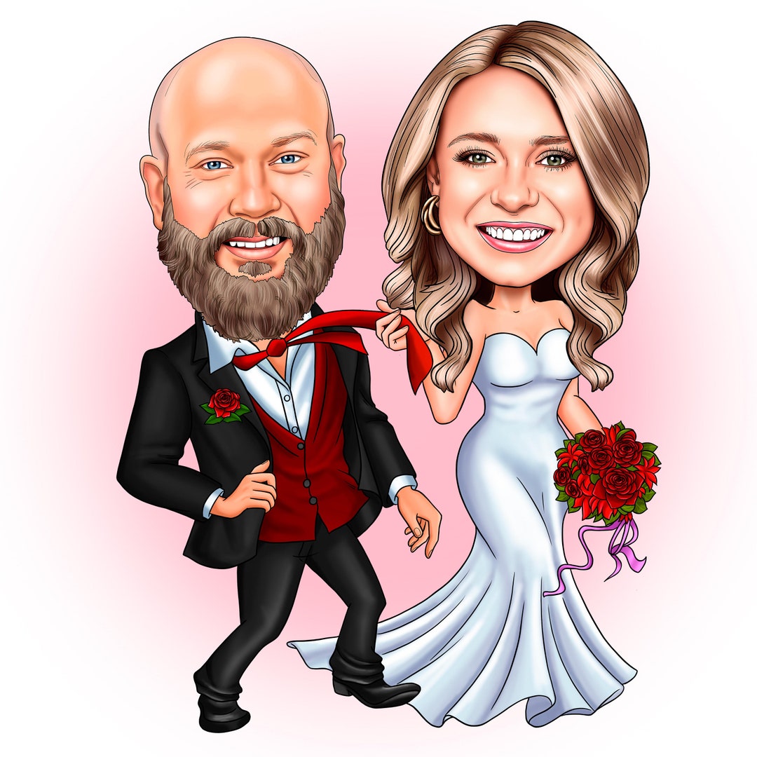 Funny Wedding Caricature for Couple Cartoon Drawing Portrait Gift