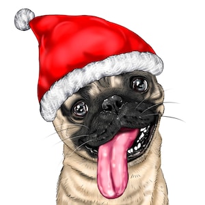 Caricatura de animal de estimação de Natal Chapéu de Papai Noel Caricatura de cachorro Retrato de animal de estimação de Natal desenhado à mão a partir de fotos Ilustração de desenho animado de cachorro de Natal Presente