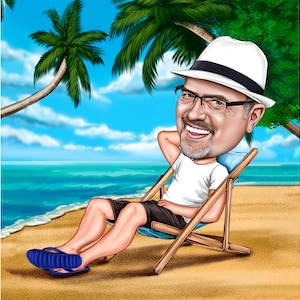 Summer Caricature Vacation Cartoon Custom Beach Theme Caricature Boat Caricature Ship Cruise Vacation Caricature Gift Travel Caricature
