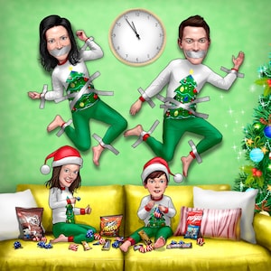 Personalized Caricature Family Portrait, Funny Christmas Card, Hand-Drawn from Photos, Custom Cartoon Christmas Card, Digital Holiday Gift