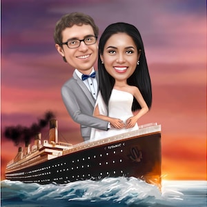 Couple on Titanic Caricature from Your Photos, Custom Titanic Cartoon Portrait, Personalized Titanic Drawing Artwork, Custom Gift, Titanic