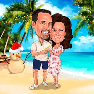 Couple on Vacation Caricature Personalized Couple Cartoon Portrait with Beach Background Couple Vacation Cartoon from Photo Beach Vacation