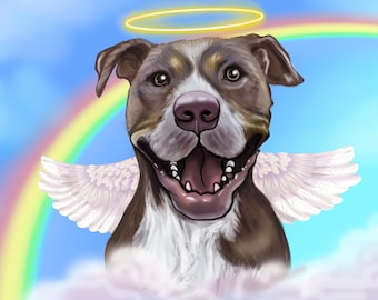May include: A digital illustration of a brown and white dog with a happy expression, featuring a glowing yellow halo above its head and white feathered wings on its back. The dog is positioned against a bright blue sky with a colorful rainbow.