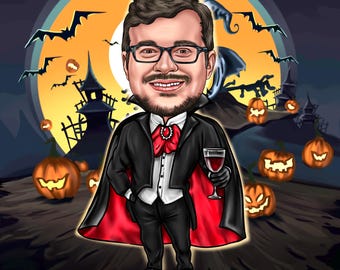 Caricatura divertida de Halloween, regalo, caricatura, dibujo de Halloween, arte de bruja, ilustración personalizada, dibujo animado dibujado a mano, regalo aterrador, truco o trato