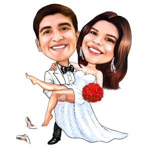 Dibujo fotográfico de novios a partir de una foto para regalo de boda dibujado a mano para pareja de caricaturas de boda Caricatura de pareja de dibujos animados de boda personalizada