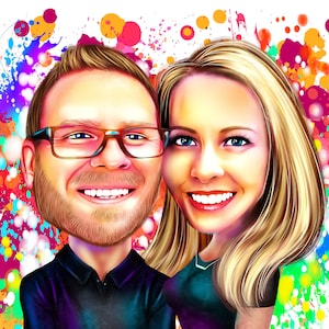 Caricatura de pareja en acuarela, retrato de pareja en acuarela con arcoíris dibujado a mano a partir de fotografías, pinturas en acuarela, arte en acuarela