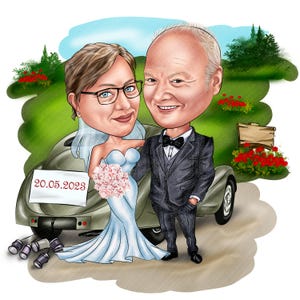 Wedding Couple Caricature from Photos / Wedding Caricature Portrait with Custom Background / Wedding Cartoon Portrait / Gift for Couple