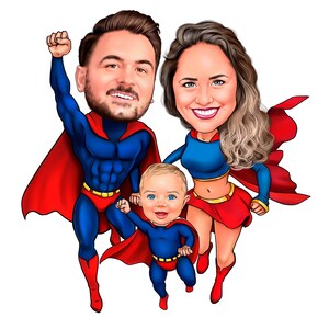 Superhero Family Caricature Custom Super Hero Family Cartoon Portrait from Photo Funny Family Caricature Gift for Family Caricature 4 People
