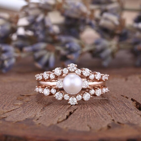 Rose Gold Engagement Ring Set Pearl Engagement Ring Etsy