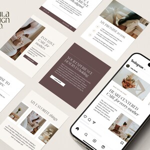 Peut inclure: Mise en page de marketing numérique avec un smartphone et plusieurs imprimés. Les imprimés présentent du texte et des images liées aux soins maternels, avec une palette de couleurs blanche, beige et marron. Le smartphone affiche une publication Instagram avec des compositions florales.