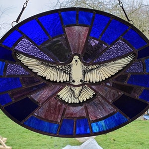 stained glass painted window hanging, suncatcher, glass art, painted glass, dove
