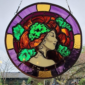stained glass panel, suncatcher, art nouveau, painted glass
