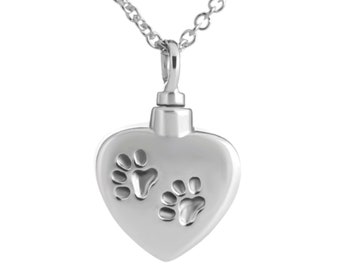 Paw Prints on My Heart Silver for Pet Ashes | Beautiful 925 Silver Necklace for Dog Cat or Pet Ashes | Pet Urn Jewellery