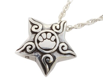 Silver Paw Print Pendant | Pet Ashes Necklace with Paw Prints on Star | Silver Pendants for Pet Ashes | Silver Pet Memorial Jewellery