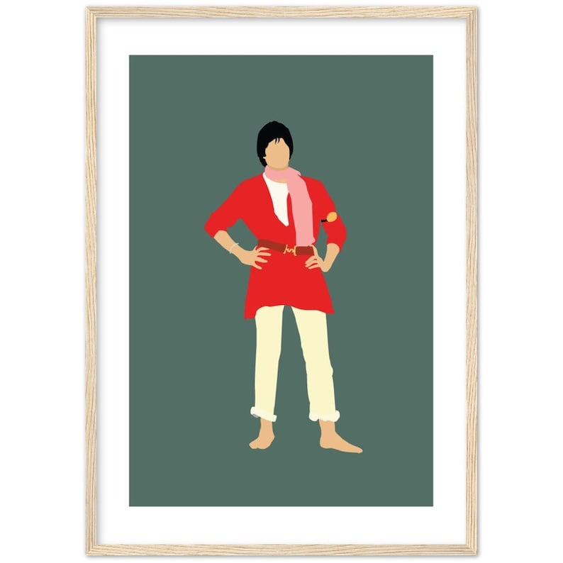 May include: A digital illustration of a person wearing a red shirt, white trousers, and a pink scarf. The person is standing with their hands on their hips. The background is a dark green colour.