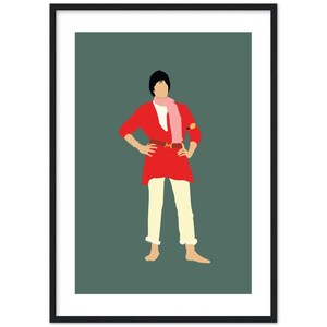 May include: A digital illustration of a person wearing a red tunic, white trousers, a pink scarf, and a brown belt. The person is standing on a green background.