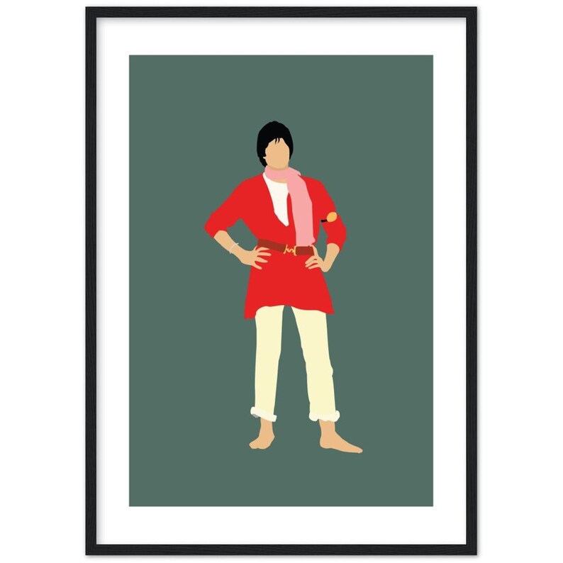May include: A digital illustration of a person wearing a red tunic, white trousers, a pink scarf, and a brown belt. The person is standing on a green background.