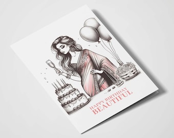 Happy Birthday Beautiful | Birthday Girl | Birthday Card | Best Friends | For Her | Card for Friend | Birthday Cake | Girly Birthday Card