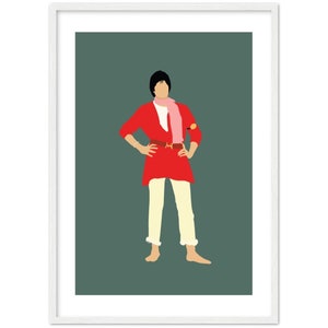 May include: A minimalist illustration of a person wearing a red tunic, white trousers, a pink scarf, and a brown belt. The person is standing on a green background.