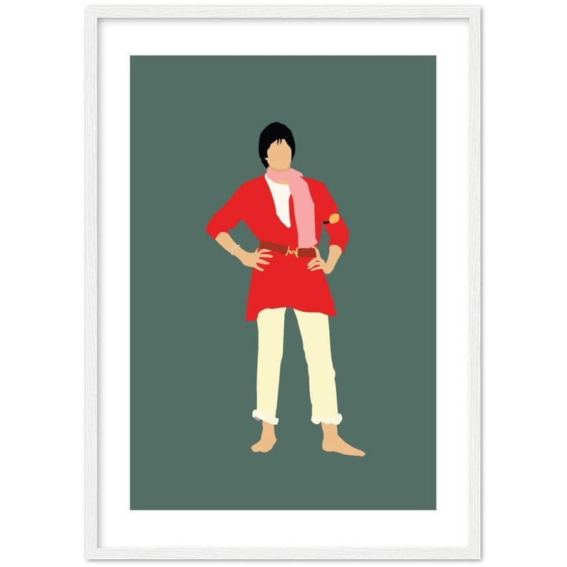 May include: A minimalist illustration of a person wearing a red tunic, white trousers, a pink scarf, and a brown belt. The person is standing on a green background.