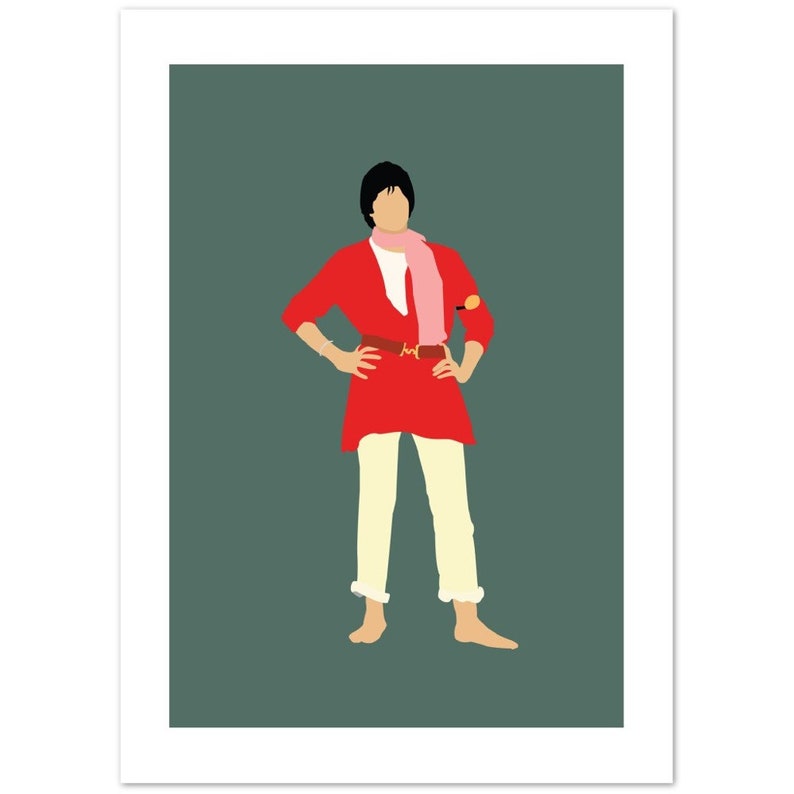 May include: A digital illustration of a person wearing a red shirt, white trousers, and a pink scarf. The person is standing with their hands on their hips. The background is a dark green colour.