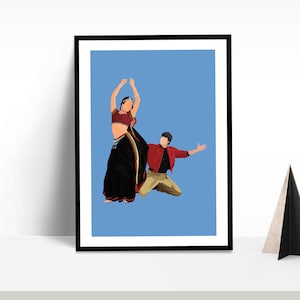 Puede incluir: Una ilustración digital de un hombre y una mujer bailando sobre un fondo azul claro. La mujer lleva una falda negra, una blusa roja y una bufanda colorida. El hombre lleva una chaqueta roja, pantalones caqui y una camisa blanca.