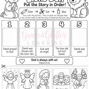 Può includere: Una scheda didattica in bianco e nero intitolata Daniel and the Lions' Den. Presenta una sequenza di cinque riquadri numerati per ordinare la storia, istruzioni per colorare, ritagliare e incollare, e cinque pannelli illustrati da ritagliare.