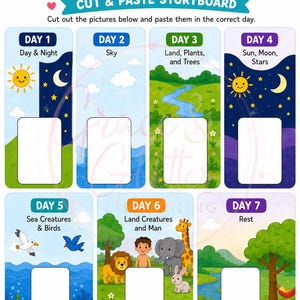 May include: A printable storyboard titled The Creation Story Cut & Paste Storyboard. It features seven vertical panels representing days one through seven, each with a blank white rectangle for pasting images and colourful illustrations of nature, animals, and celestial bodies.