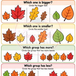May include: A Fall Leaf Fun educational worksheet featuring colorful illustrations of red, orange, yellow, brown, and green leaves. The page includes math exercises asking to identify bigger, smaller, more, or less leaves with text prompts.