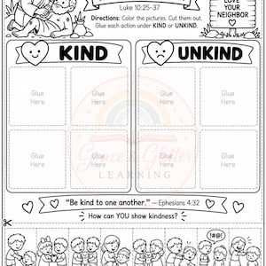 Puede incluir: Una hoja de trabajo educativa en blanco y negro titulada Kind or Unkind sobre la historia del Buen Samaritano, Lucas 10:25-37, y Efesios 4:32. La página incluye secciones para pegar ilustraciones recortadas de niños realizando diversas acciones.