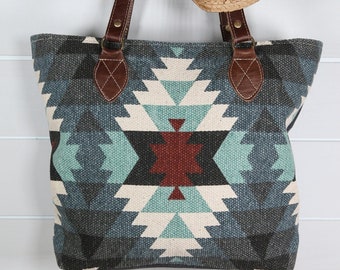 FREE SHIPPING Large Upcycled Tote Bag Purse Repurposed Material Boho Chic Stylish Handbag Blue Aztec