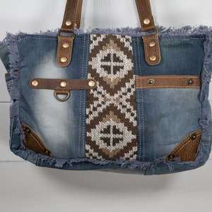 Myra Bag Upcycled Denim Tote Bag / Shoulder Purse Leather Woman's ...